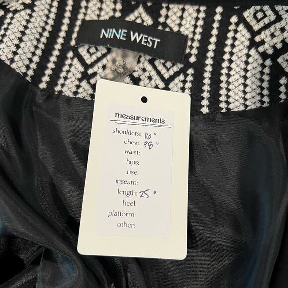 NINE WEST Geometric Blazer Cardigan Jacket Black White Open Front Pockets Sz 6 - Picture 9 of 11